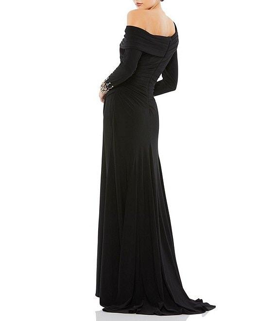 Mac Duggal Beaded Cuff Drop Shoulder Asymmetrical One Shoulder Long Sleeve Thigh High Slit Gown Product Image