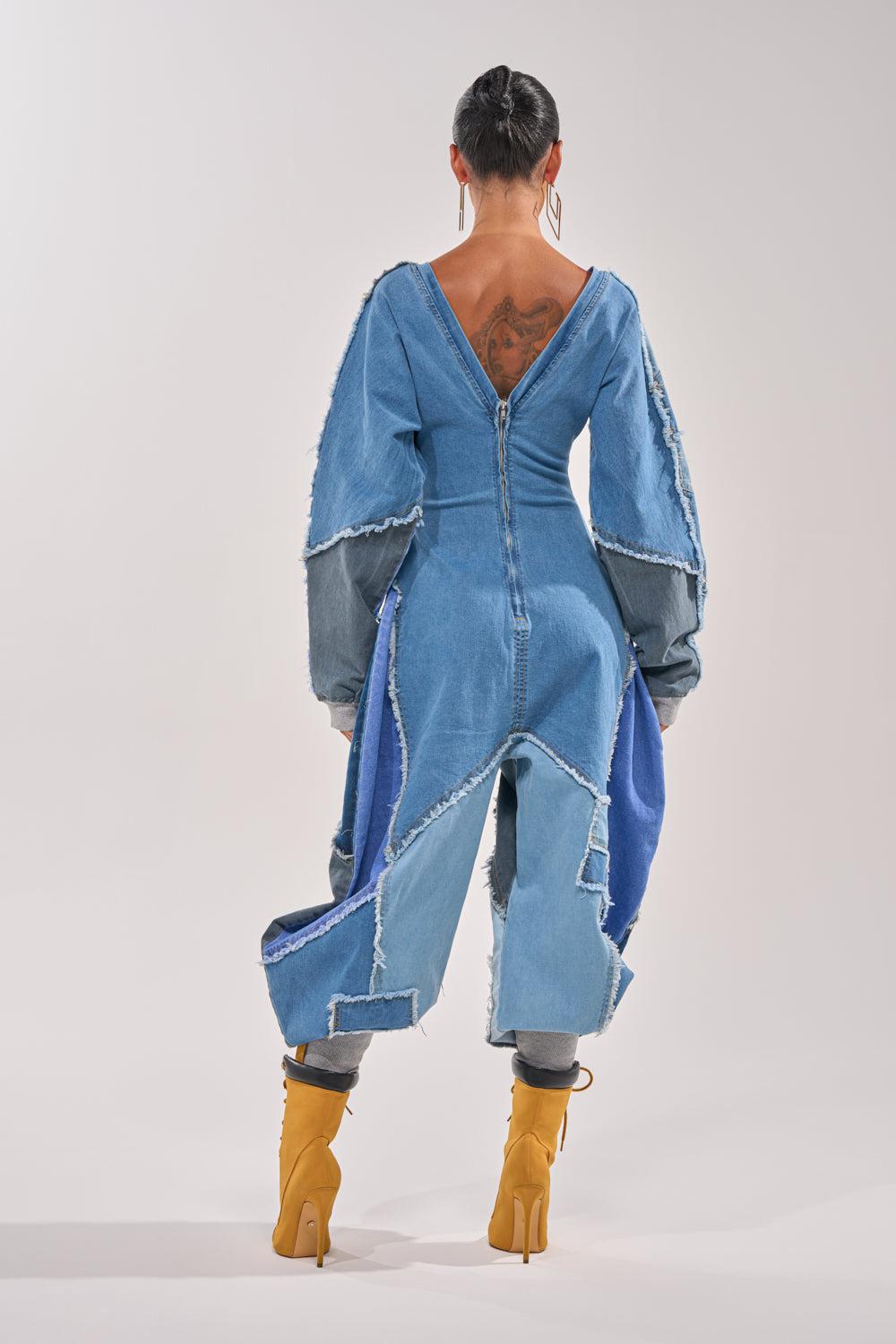 COMFY COZY JUMPSUIT IN DENIM PATCHWORK Product Image