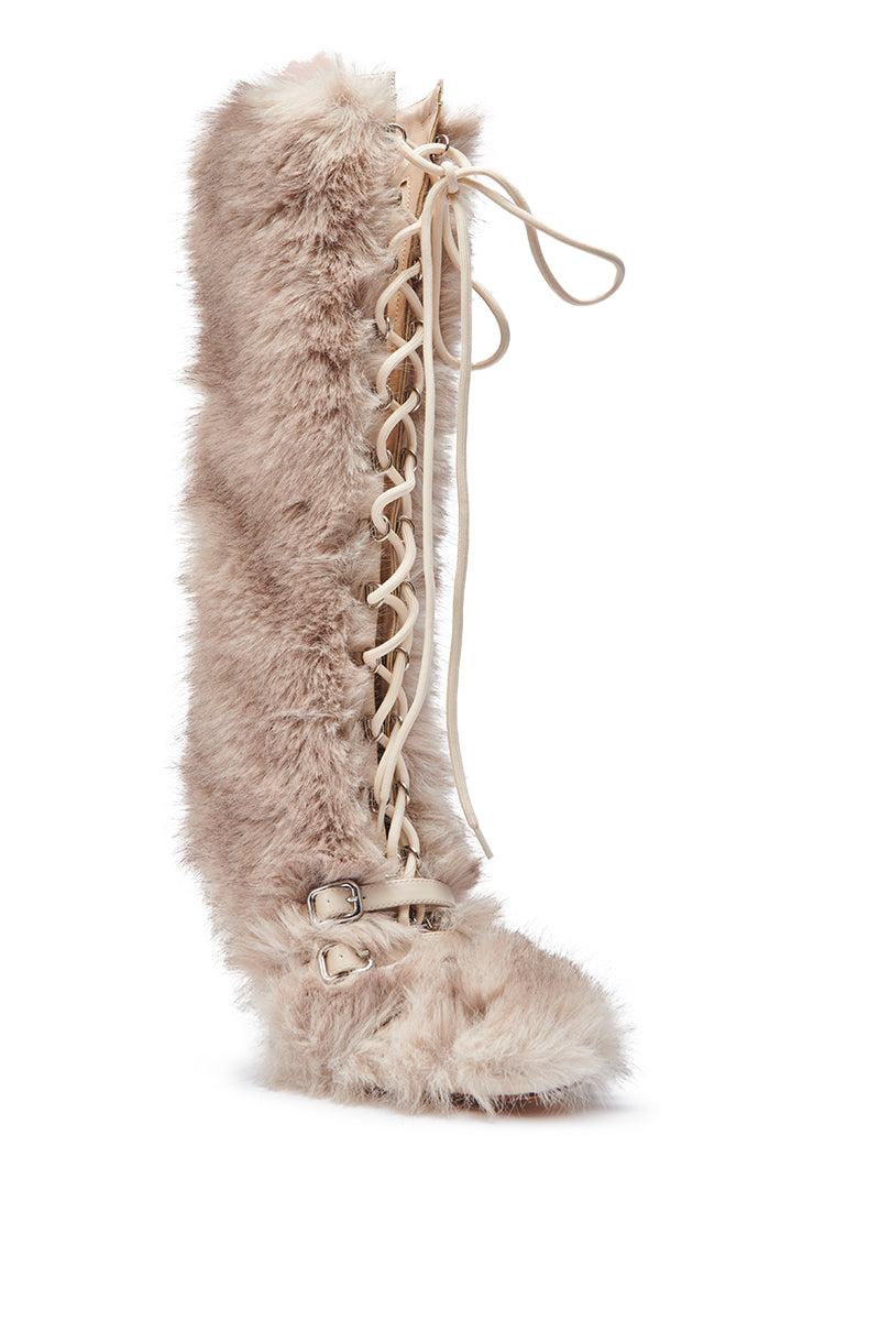 AZALEA WANG LOURDANNE IVORY FUR LACE UP BOOT Product Image