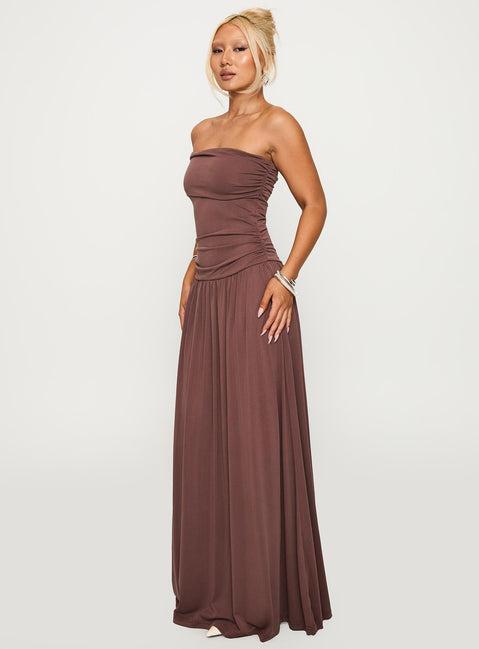 Decadence Strapless Maxi Dress Brown Product Image