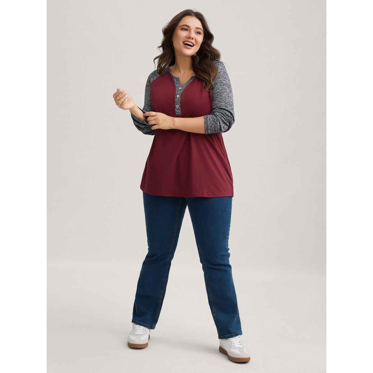 Plus Size Heather Patchwork Button Detail Stretchy T-Shirt Burgundy Women Leisure Contrast Flat collar with V-notch Casual T-shirts BloomChic 18-20/2X Product Image