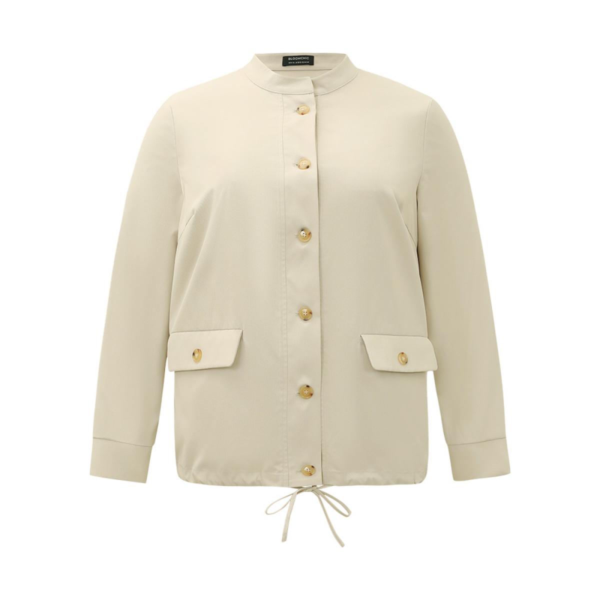 Plus Size Solid Stand Collar Drawstring Flap Pocket Jacket Women Ivory Casual Plain Ladies Dailywear Winter Coats BloomChic 28/5X Product Image