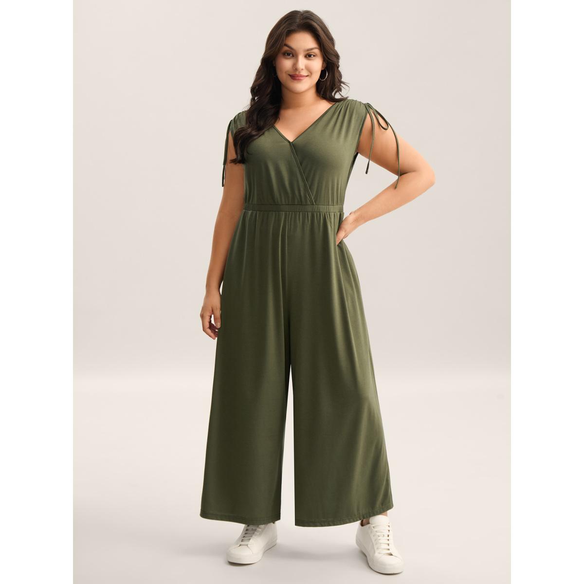Plus Size Moss Drawstring Shoulder Plain Straight-Leg Jumpsuit Women Sleeveless Overlap Collar Casual Loose Jumpsuits BloomChic 10/M Product Image