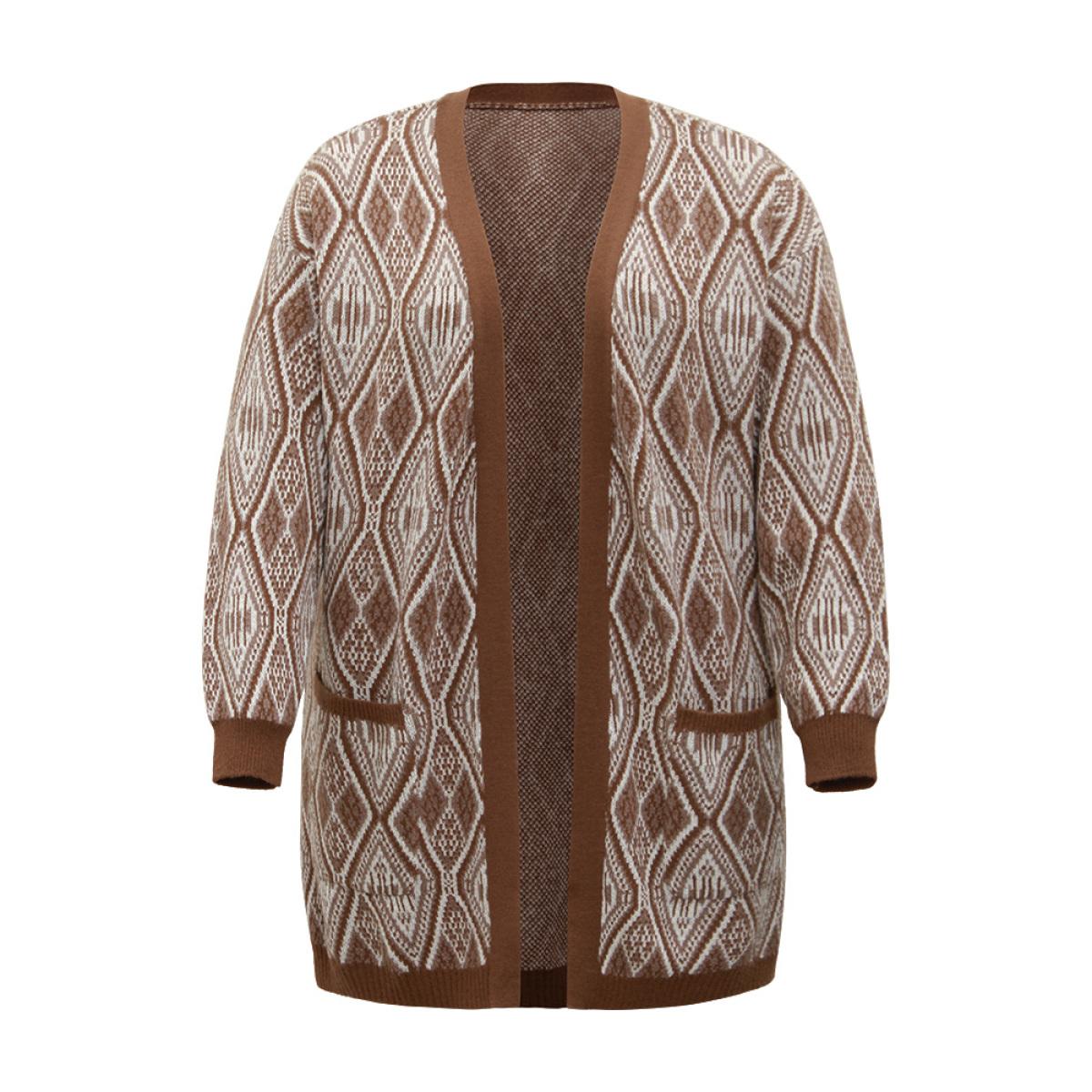 Plus Size Geometric Graphic Patched Pocket Jacquard Cardigan DarkBrown Women Casual Loose Long Sleeve Dailywear Cardigans BloomChic 22-24/3X Product Image