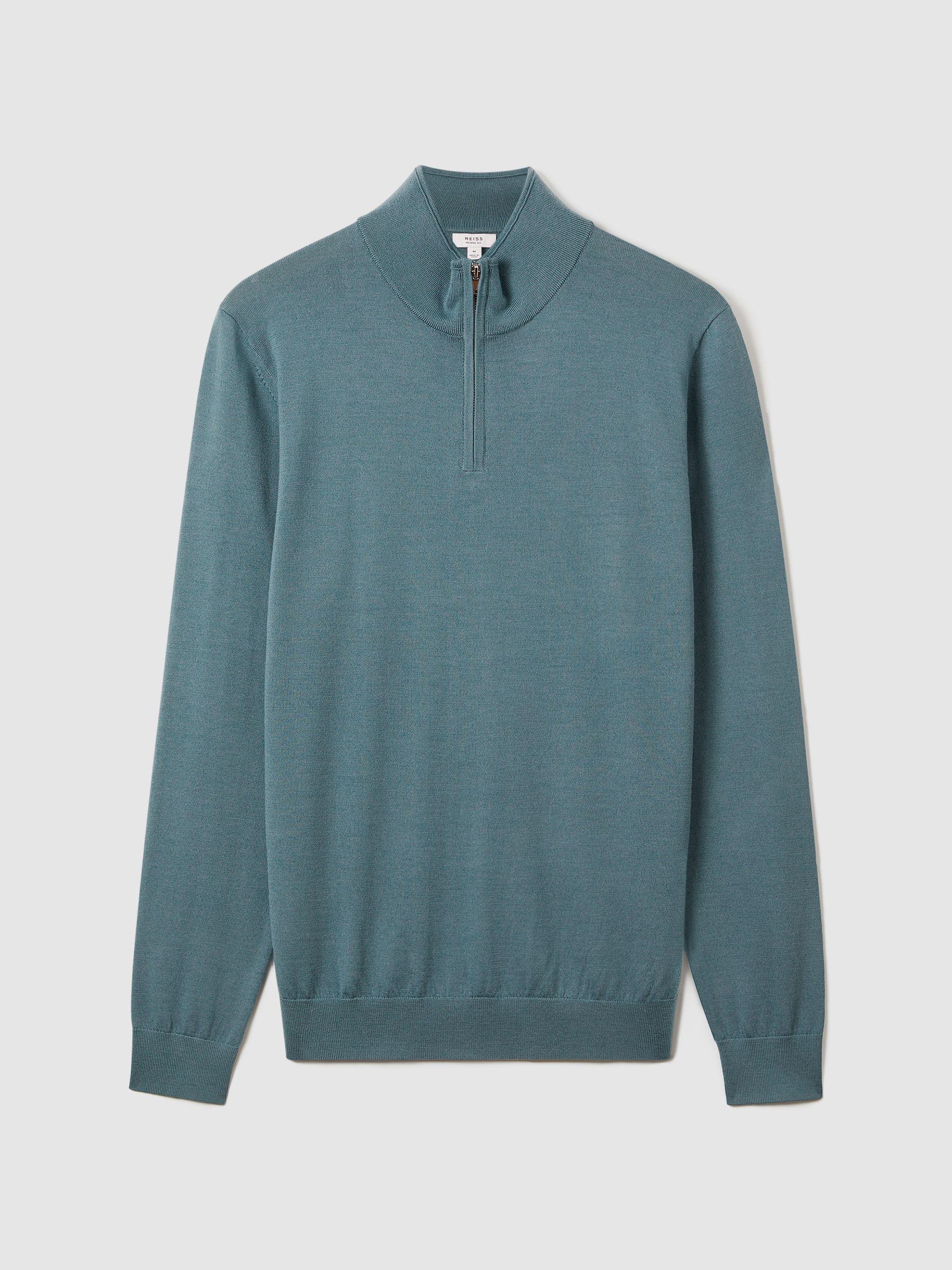 Merino Wool Half-Zip Funnel Neck Jumper in Ocean Green Product Image