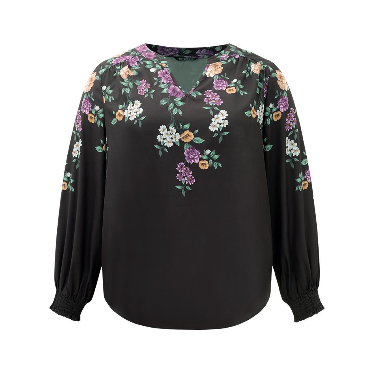 Plus Size Black Floral Print Shirred Curved Hem Blouse Women Elegant Long Sleeve V-neck Dailywear Blouses BloomChic 28/5X Product Image