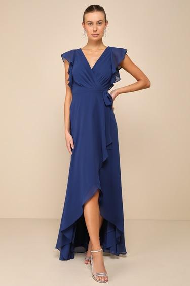 Ravishing Charm Dark Blue Ruffled Wrap High-Low Maxi Dress Product Image