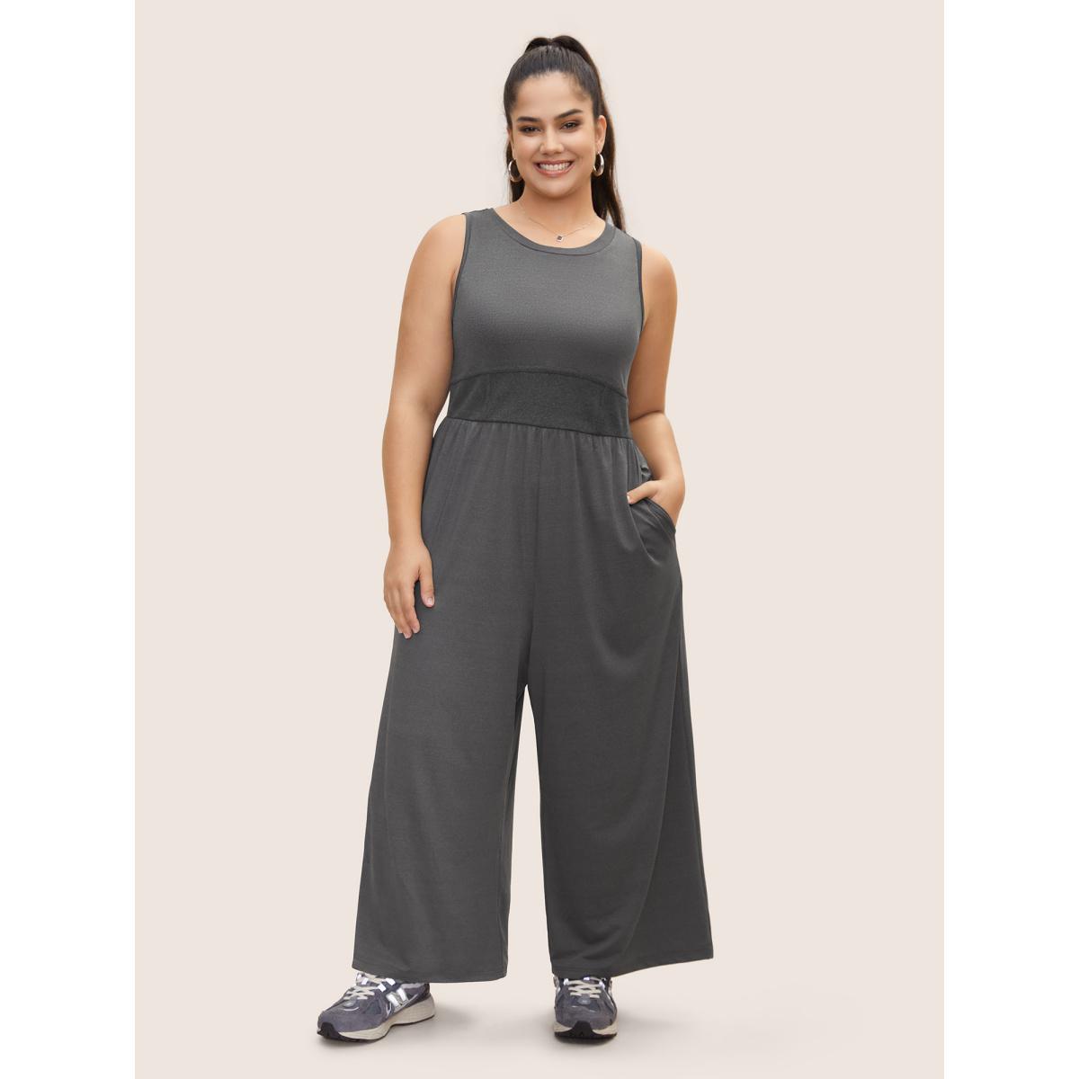 Plus Size DimGray Rib Knit Patchwork Wide Leg Jumpsuit Women Casual Short sleeve Round Neck Everyday Loose Jumpsuits BloomChic 30/6X Product Image