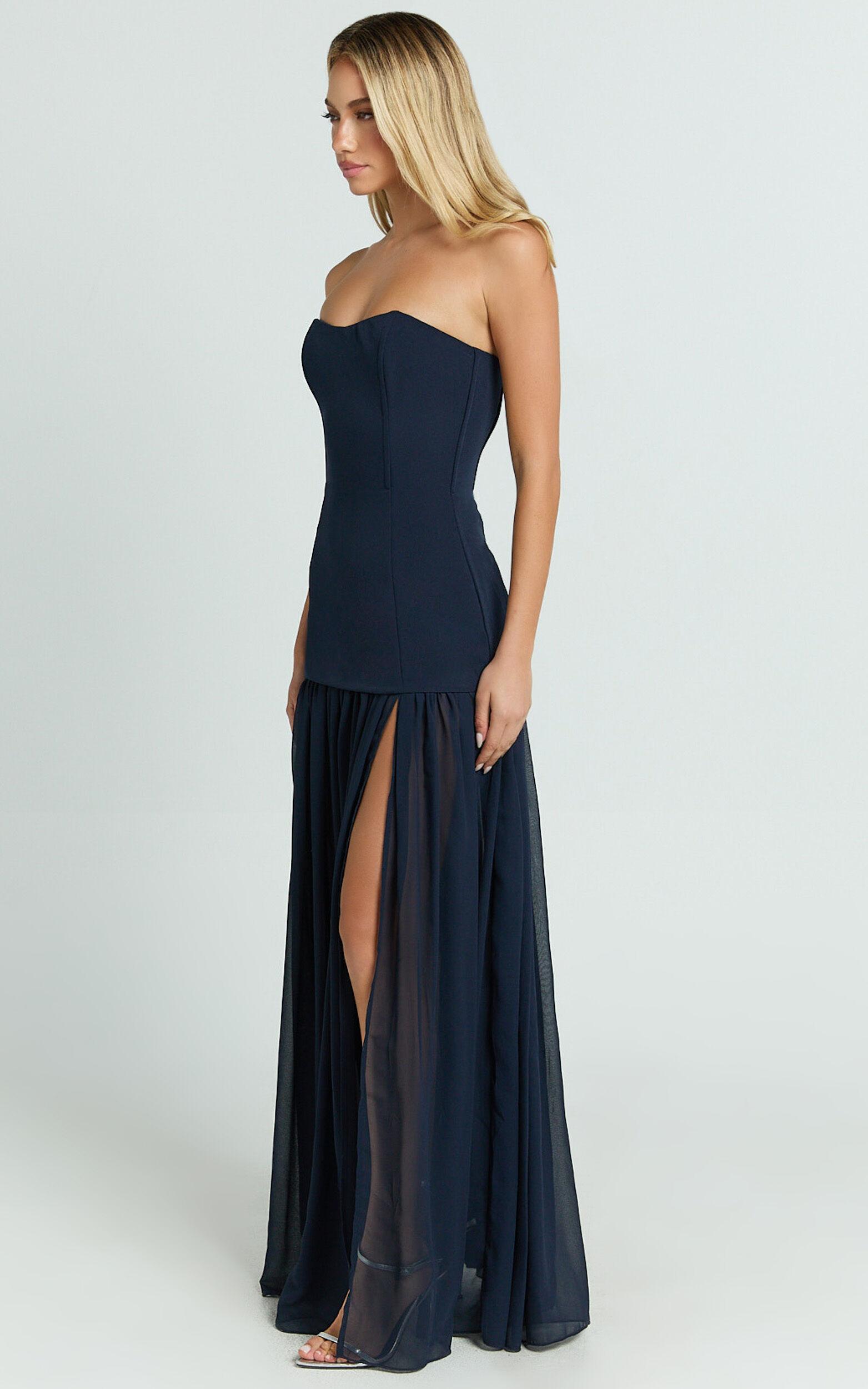 Jocelyn Maxi Dress - Strapless Ruched Fit And Flare Dress in Navy Product Image