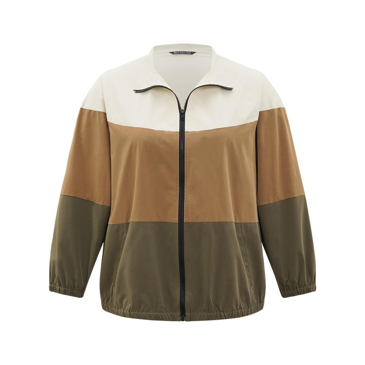 Plus Size Colorblock Contrast Zipper Pocket Elastic cuffs Coat Women Multicolor Casual Elastic cuffs Ladies Dailywear Winter Coats BloomChic 10/M Product Image