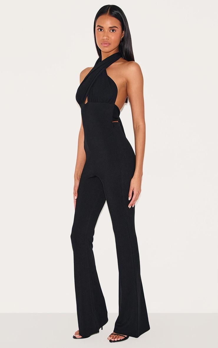 Black Cross Neck Tie Back Rib Jumpsuit Product Image