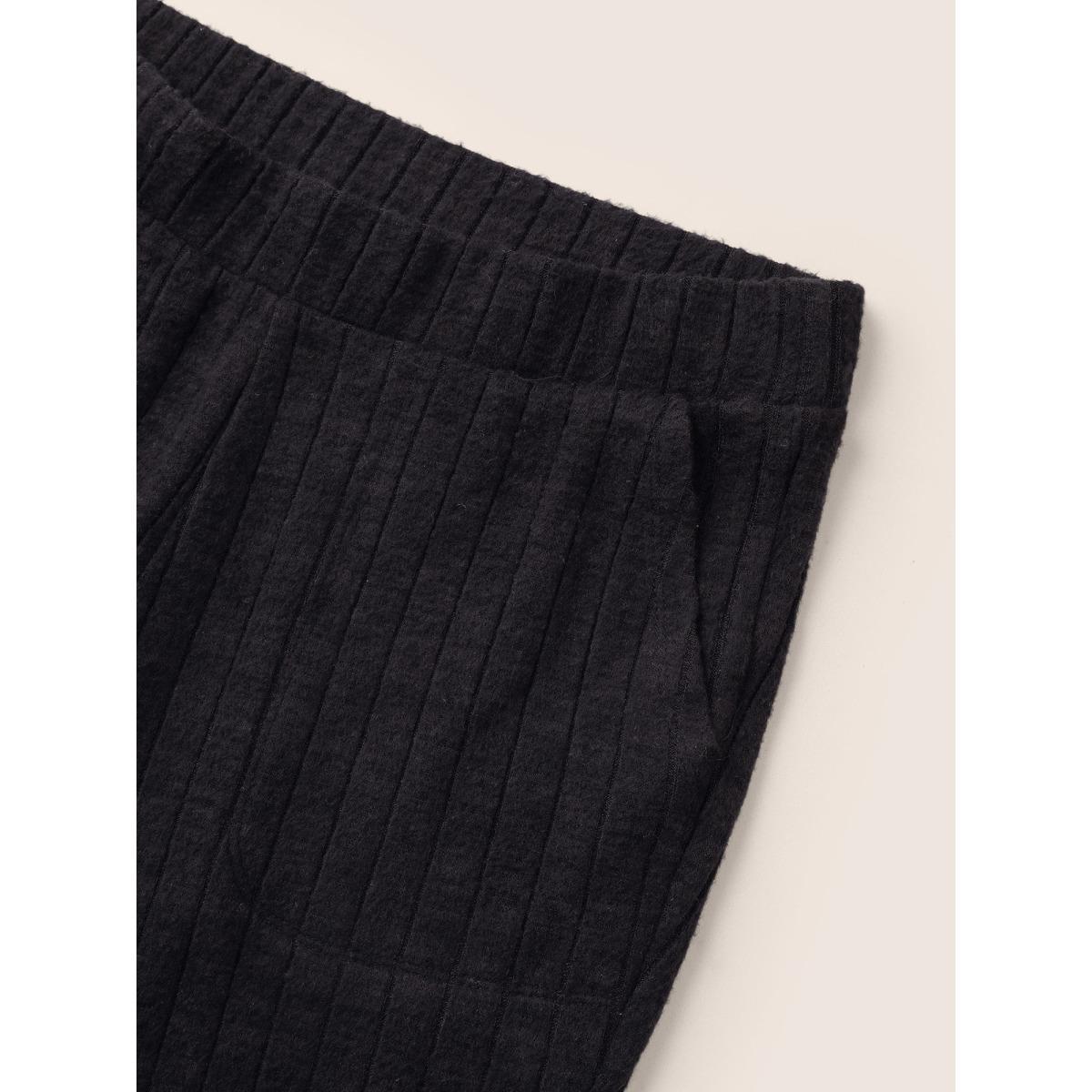 Plus Size Rib Knit Texture Elastic Waist Flare Leg Pants Women Black Work From Home Flare Leg High Rise Work Pants BloomChic 22-24/3X Product Image