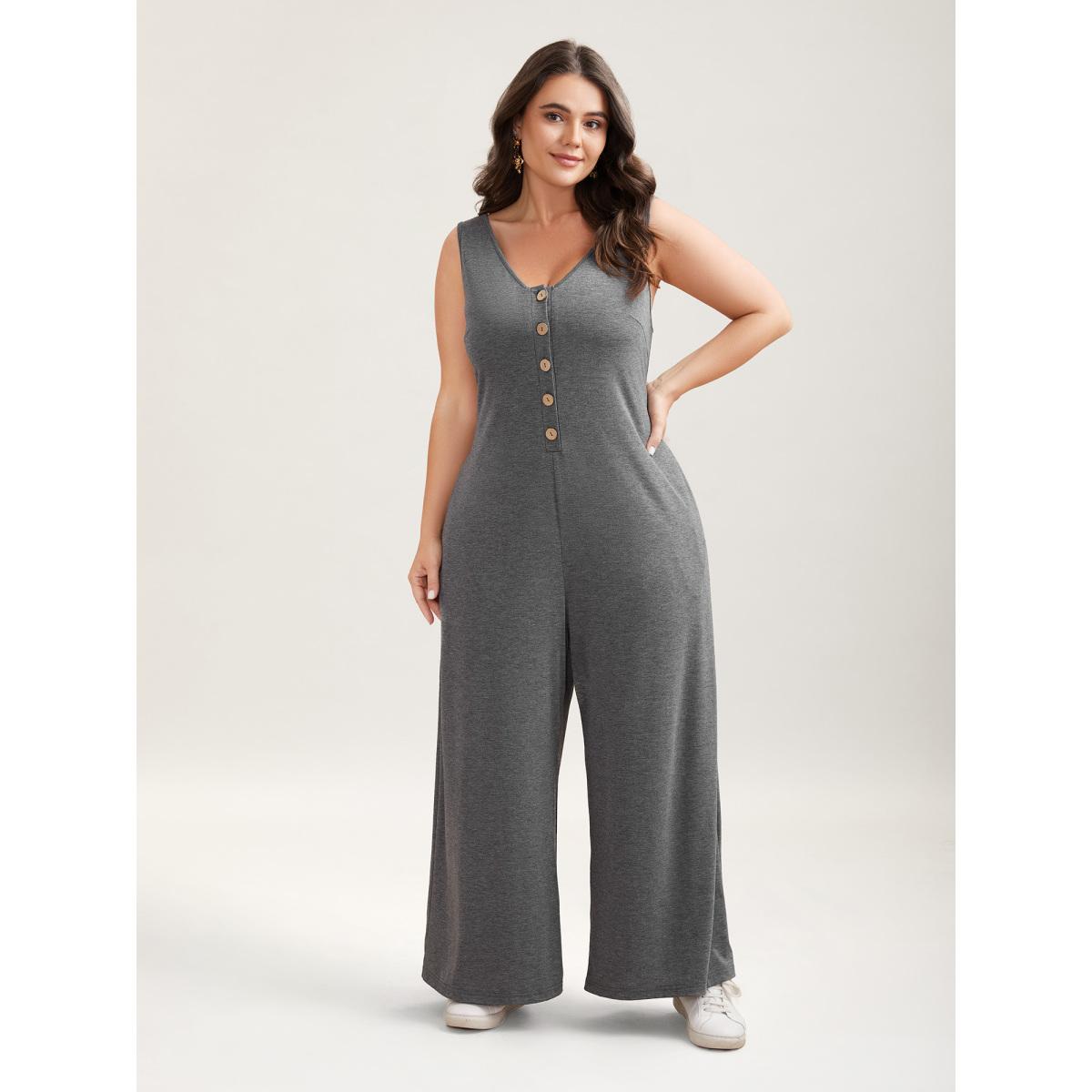 Plus Size DimGray Button-Front Lightweight Wide-Leg Jumpsuit Women Casual Sleeveless V-neck Casual Loose Jumpsuits BloomChic 26/4X Product Image