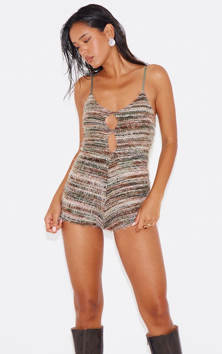 Green Stripe Eyelash Textured Keyhole Detail Romper Product Image