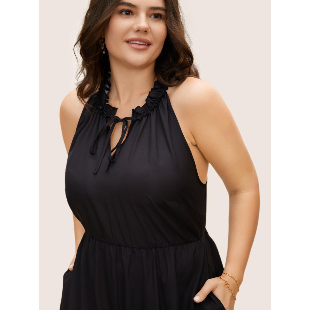 Plus Size Black Lily Print Frill Trim Tie Knot Jumpsuit Women Elegant Sleeveless Round Neck Everyday Loose Jumpsuits BloomChic 28/5X Product Image