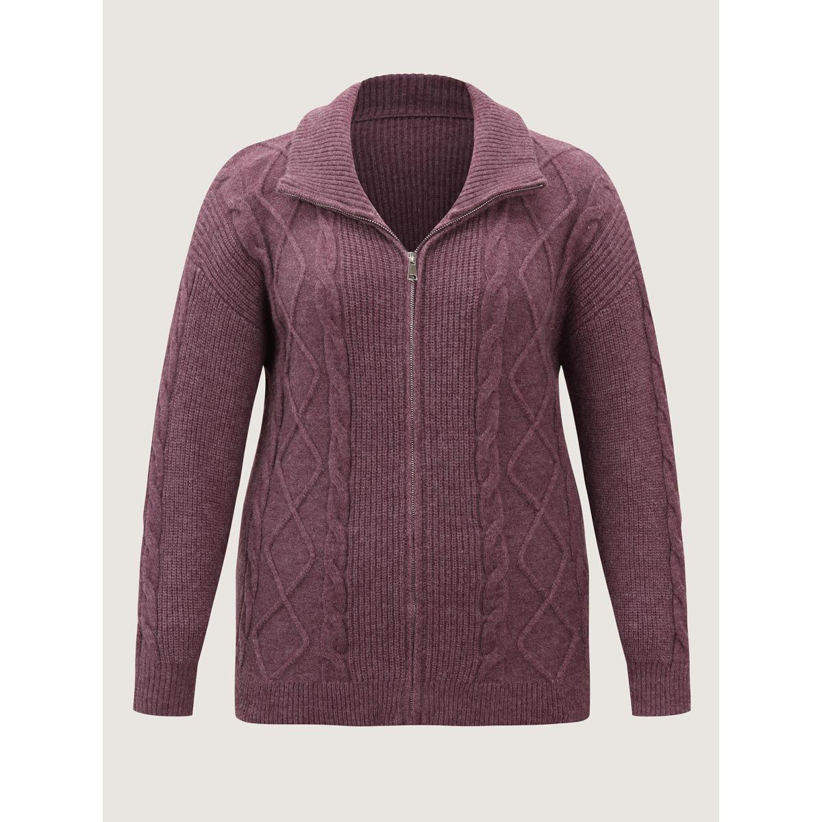 Plus Size Textured Zipper Solid Knit Cardigan Deepred Women Leisure Loose Long Sleeve Casual Cardigans BloomChic 26/4X Product Image