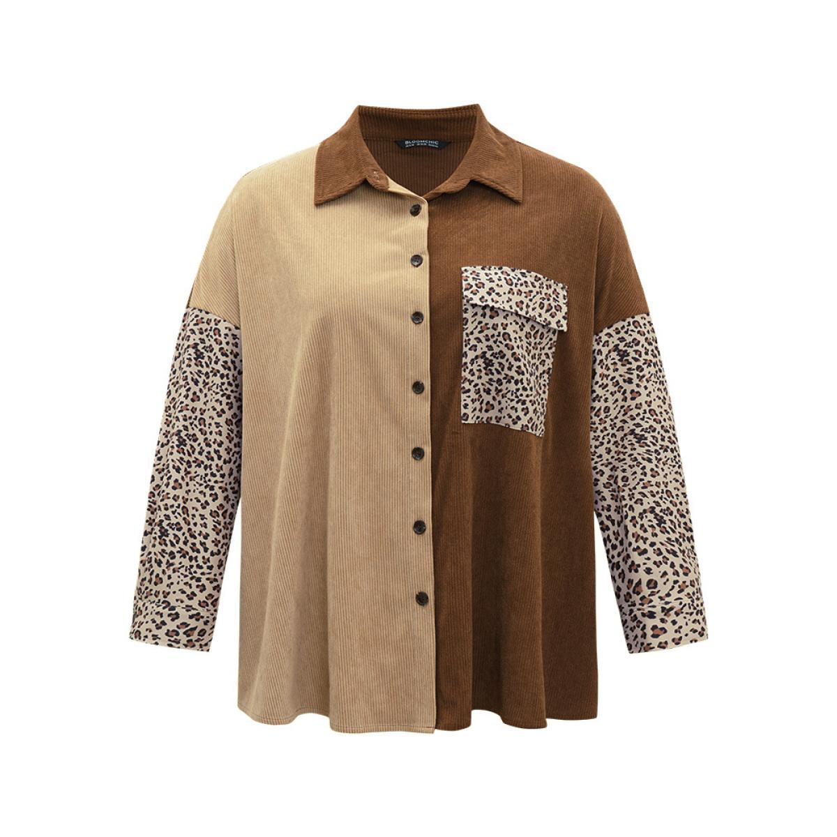 Plus Size Leopard Patchwork Pocket Contrast Button Through Coat Women DarkBrown Texture Pocket Dailywear Jackets BloomChic 12/L Product Image