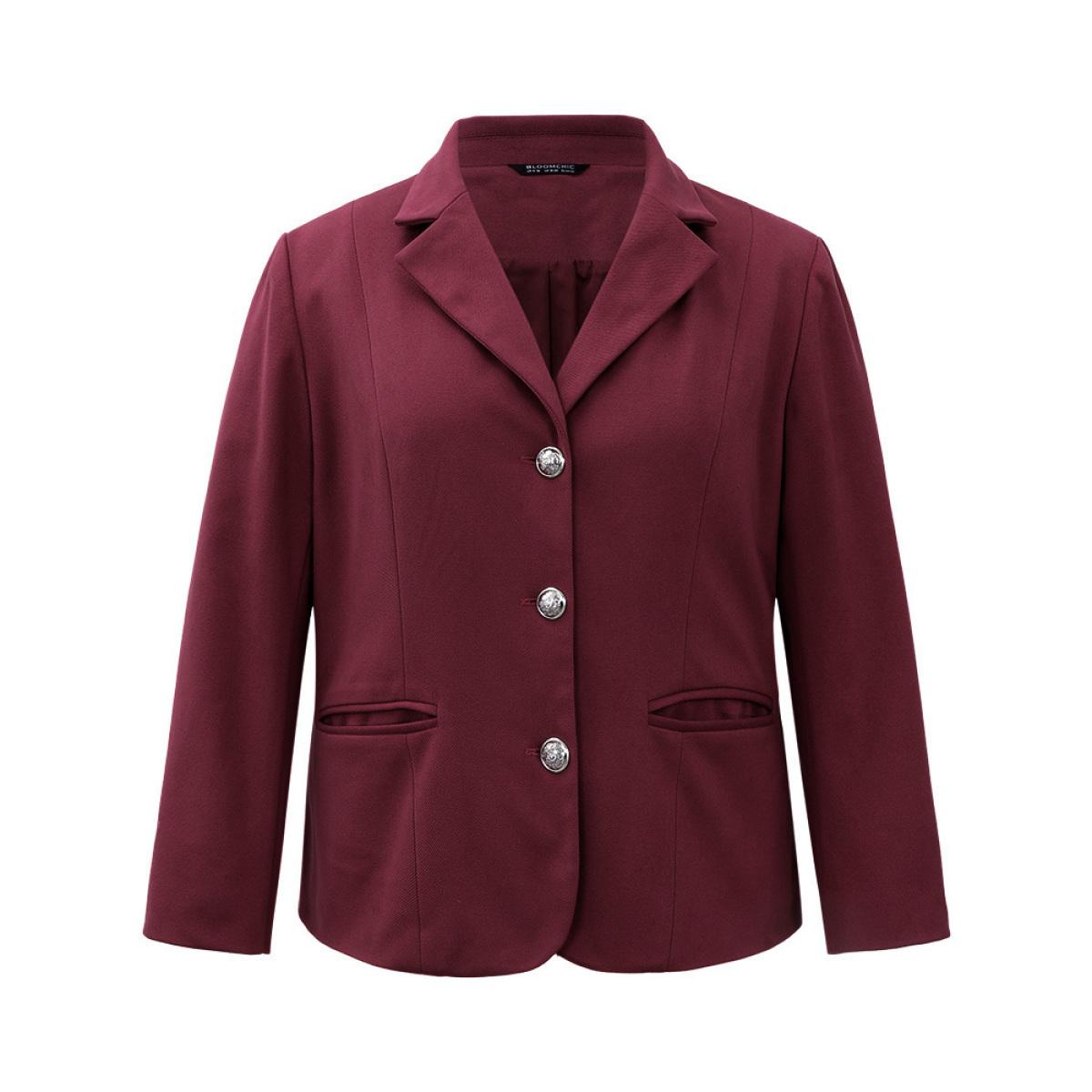 Plus Size Solid Button Fly Pocket Suit Collar Blazer Burgundy Women Office Plain Button Sleeve Long Sleeve Suit Collar 28/5X Pocket Elegant Blazers BloomChic Product Image