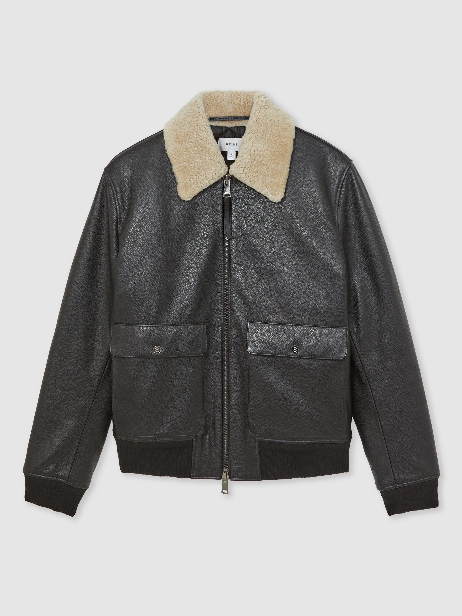 Leather Shearling-Collar Bomber Jacket in Black Product Image