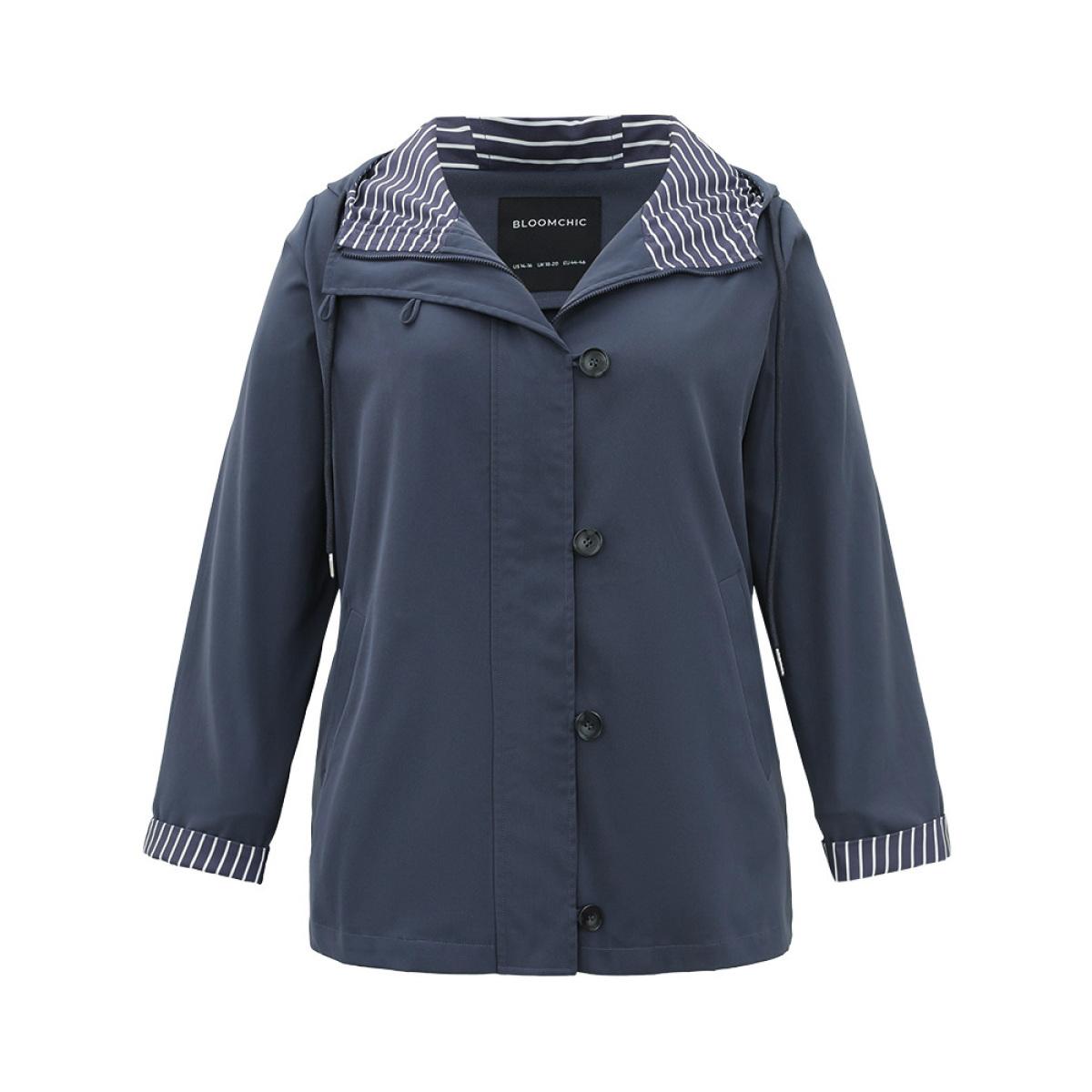 Plus Size Striped Patchwork Zipper Pocket Drawstring Coat Women DarkBlue Casual Contrast Ladies Everyday Winter Coats BloomChic 26/4X Product Image