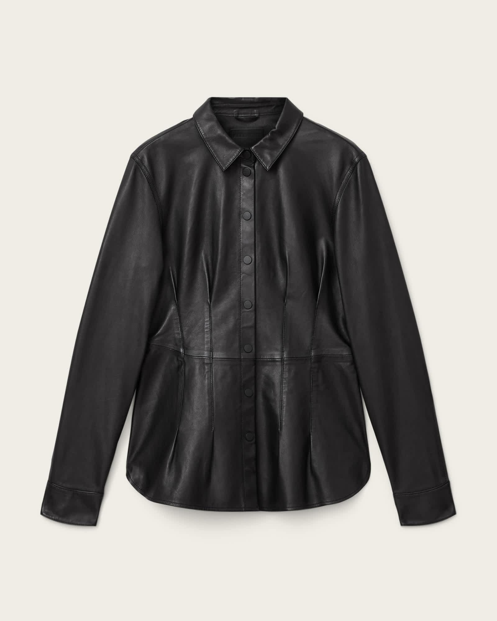 Larson Leather Pleated Shirt Black | ALLSAINTS US Product Image