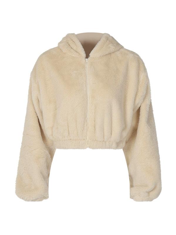 Fuzzy Solid Hooded Zip Up Short Jacket Product Image