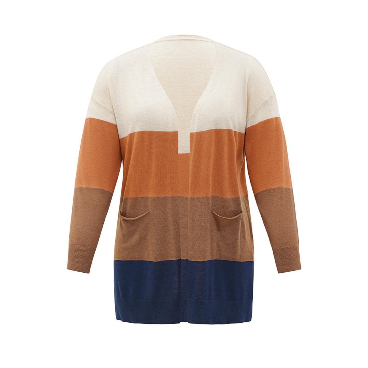 Plus Size Supersoft Essentials Colorblock Contrast Pocket Split Side Cardigan Bronze Women Casual Loose Long Sleeve Everyday Cardigans BloomChic 30/6X Product Image