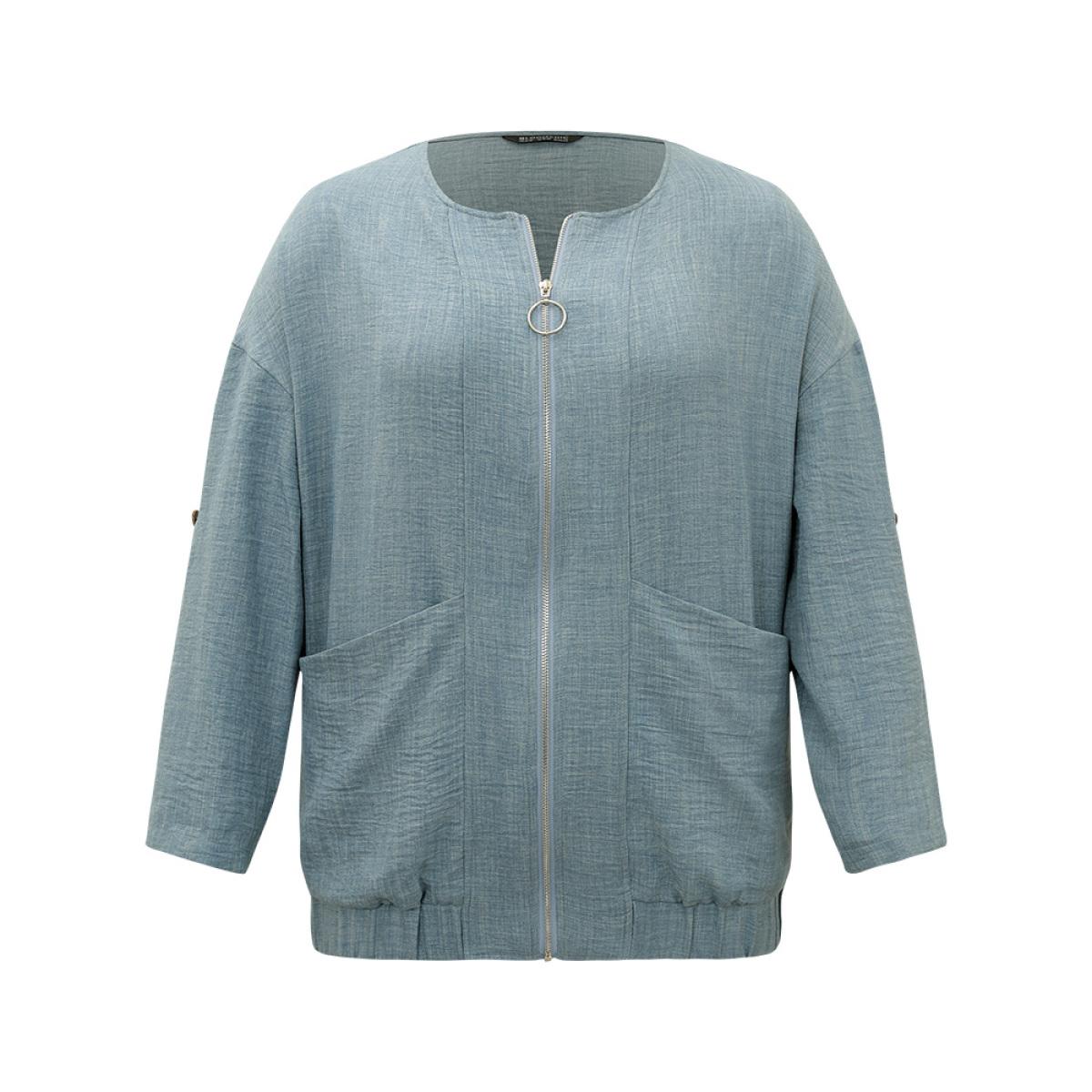 Plus Size Plain Pocket Zipper Tab Sleeve Jacket Women Aegean Zipper Pocket Dailywear Jackets BloomChic 30/6X Product Image