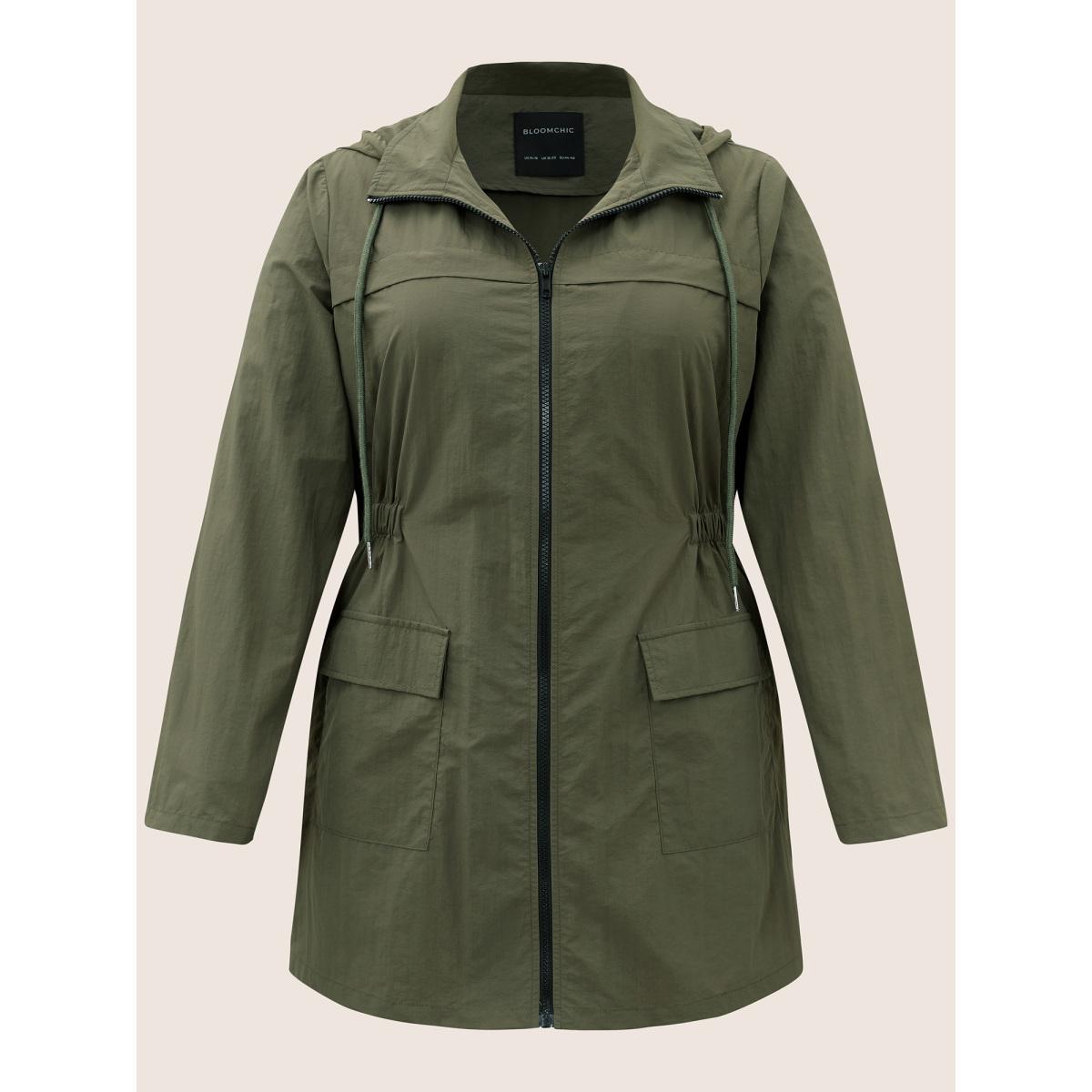 Plus Size Plain Hooded Drawstring Gathered Zipper Jacket Women ArmyGreen Non Patch pocket Everyday Jackets BloomChic 14-16/1X Product Image
