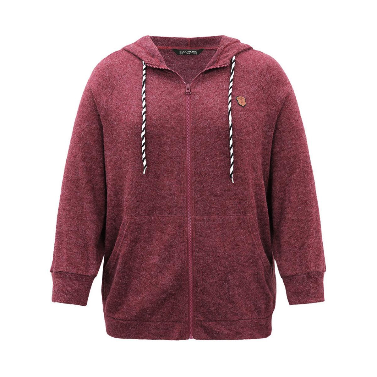 Plus Size Solid Badge Trim Drawstring Zipper Jacket Women Burgundy Zipper Pocket Dailywear Jackets BloomChic 22-24/3X Product Image