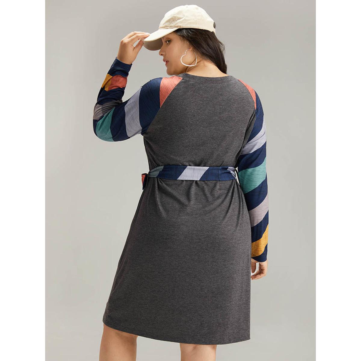 Plus Size Striped Pocket Raglan Sleeve Belted Dress DimGray Women Casual Belted Round Neck Long Sleeve Curvy Knee Dress BloomChic 14-16/1X Product Image