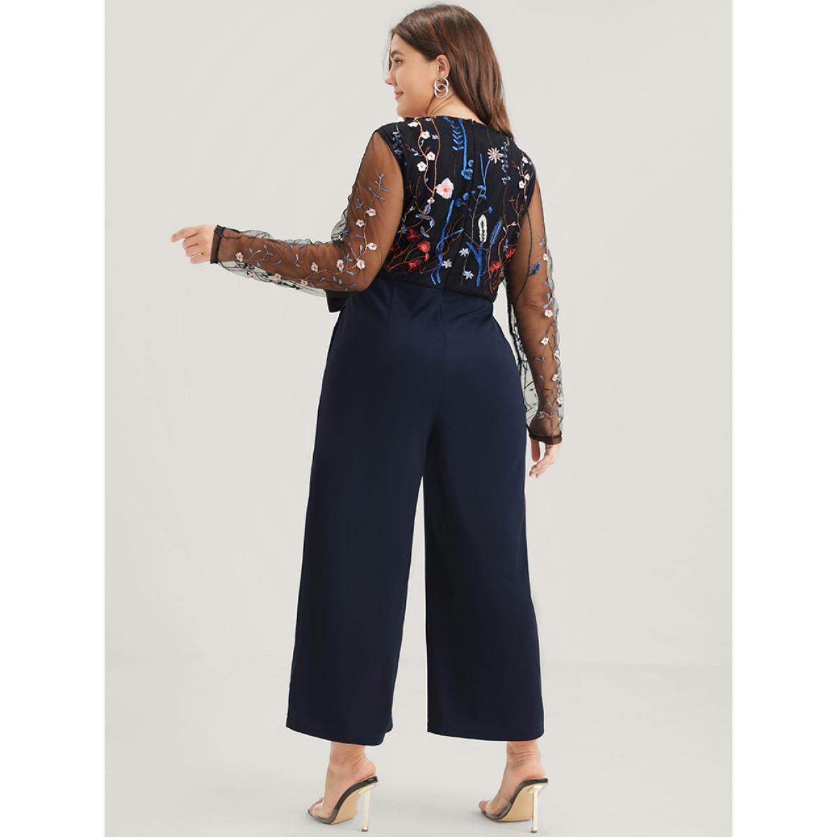 Plus Size DarkBlue Solid Pocket Embroidered Mesh Sleeve Knotted Jumpsuit Women Glamour Long Sleeve Round Neck Going out Loose Jumpsuits BloomChic 14-16/1X Product Image