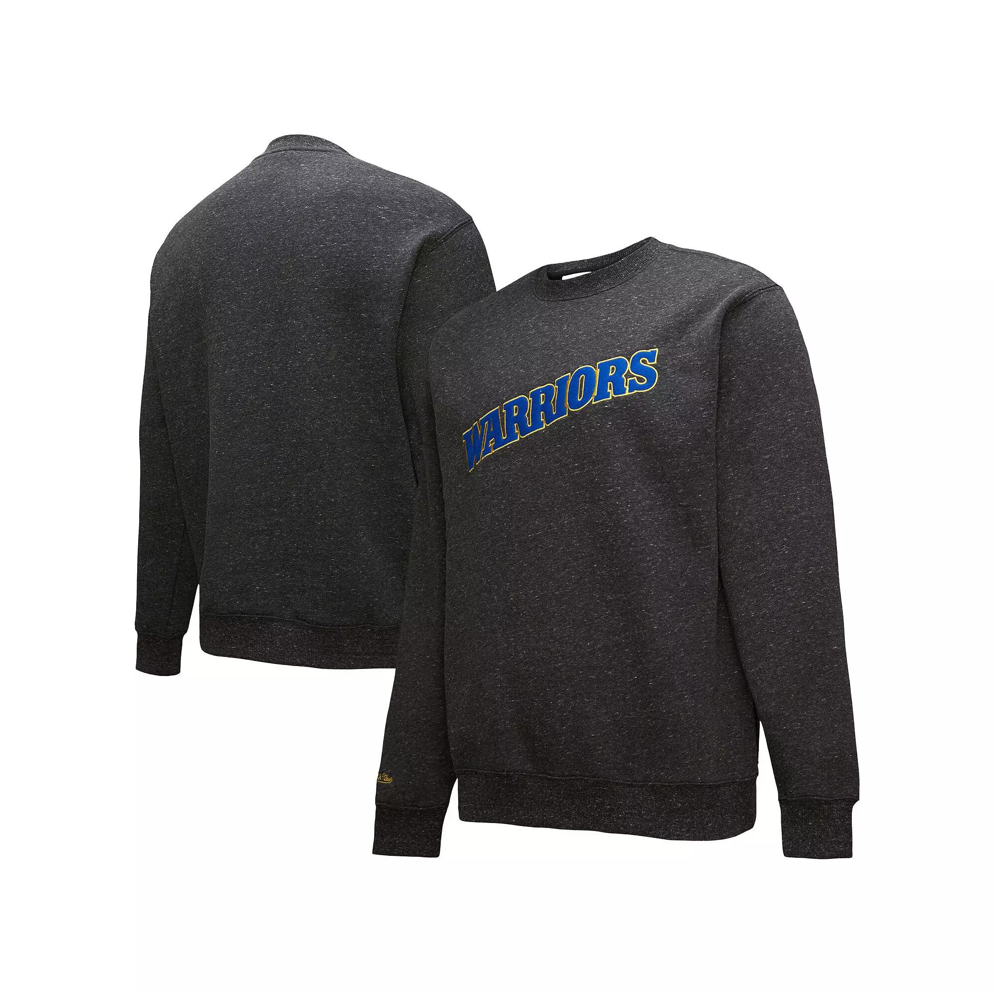 Men's Black Golden State Warriors Mitchell & Ness Black Out Collection Snow Washed Vintage Logo Pullover Sweatshirt,  Product Image