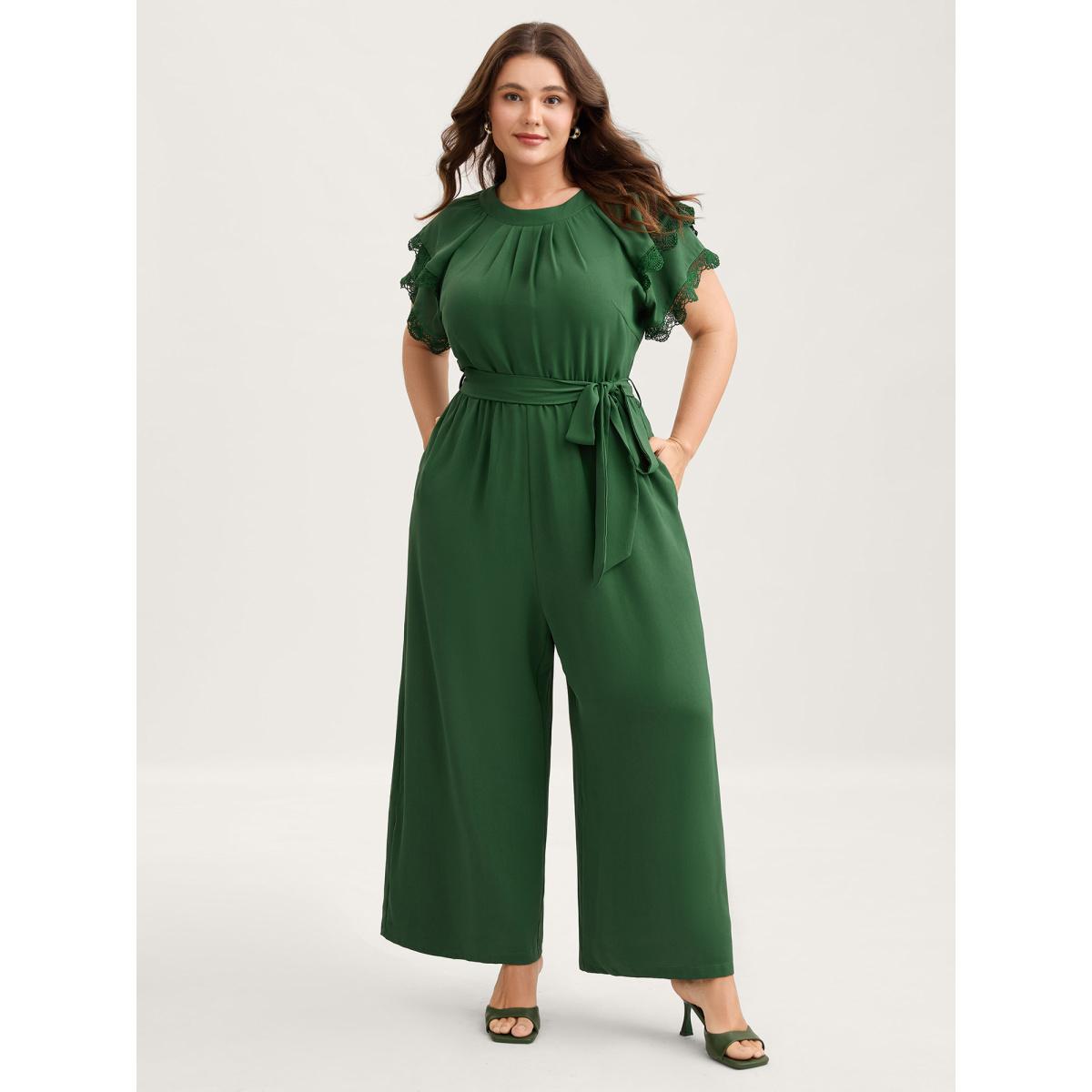 Plus Size DarkGreen Layered Lace Sleeve Belted Solid Jumpsuit Women Cap Sleeve Round Neck Elegant Loose Jumpsuits BloomChic 26/4X Product Image