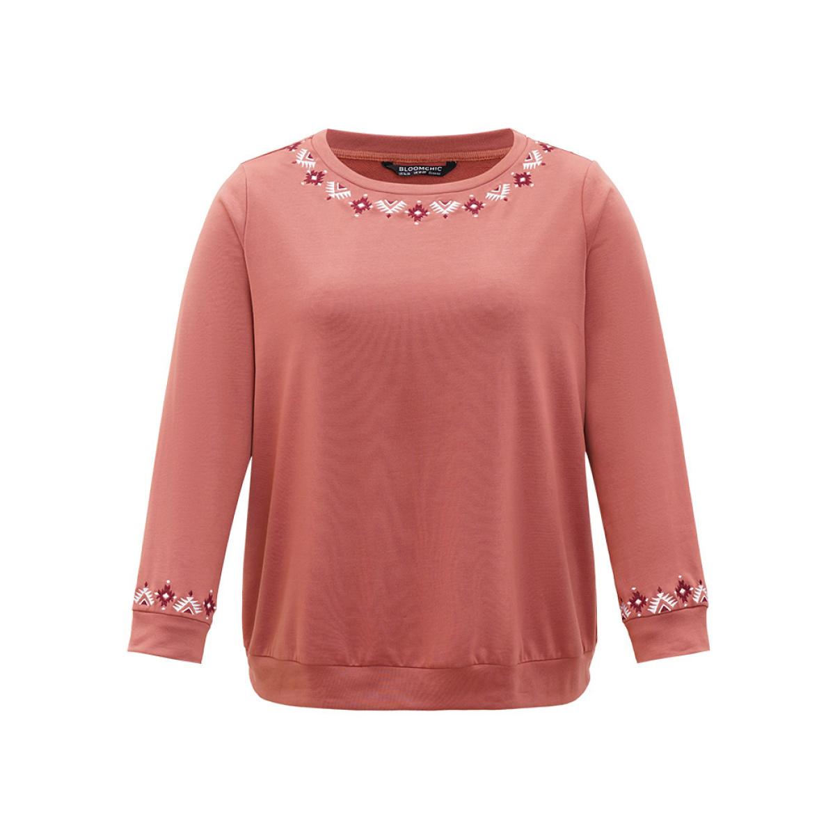 Plus Size Floral Embroidered Long Sleeve Crew Neck Sweatshirt Women DustyPink Elegant Elastic cuffs Round Neck Dailywear Sweatshirts BloomChic 28/5X Product Image