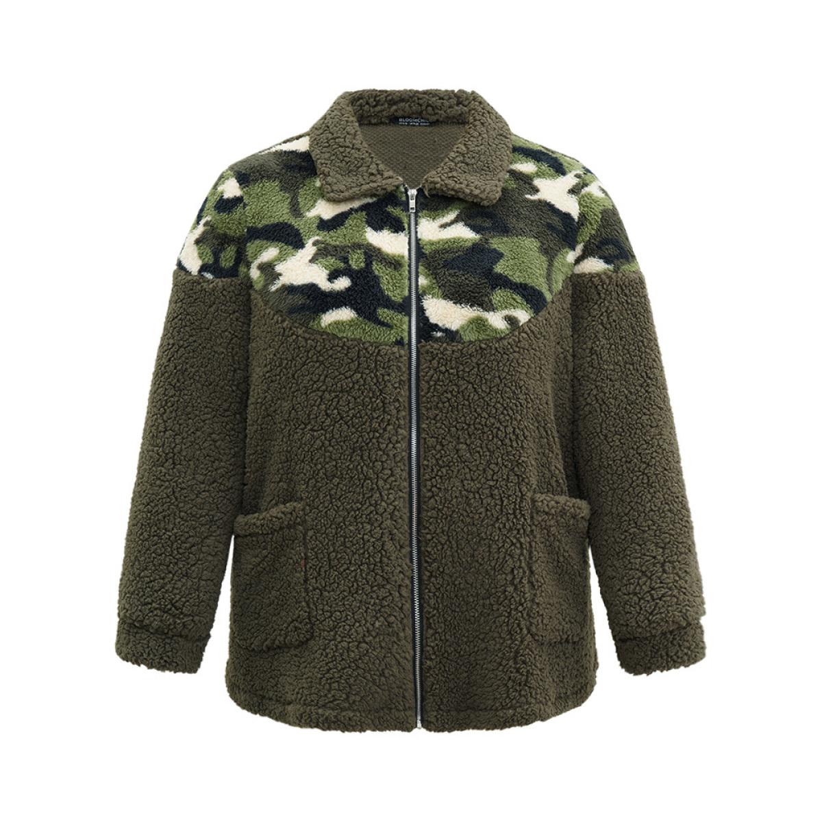 Plus Size Camo Patchwork Zipper Pocket Teddy Jacket Women ArmyGreen Contrast Pocket Dailywear Jackets BloomChic 14-16/1X Product Image