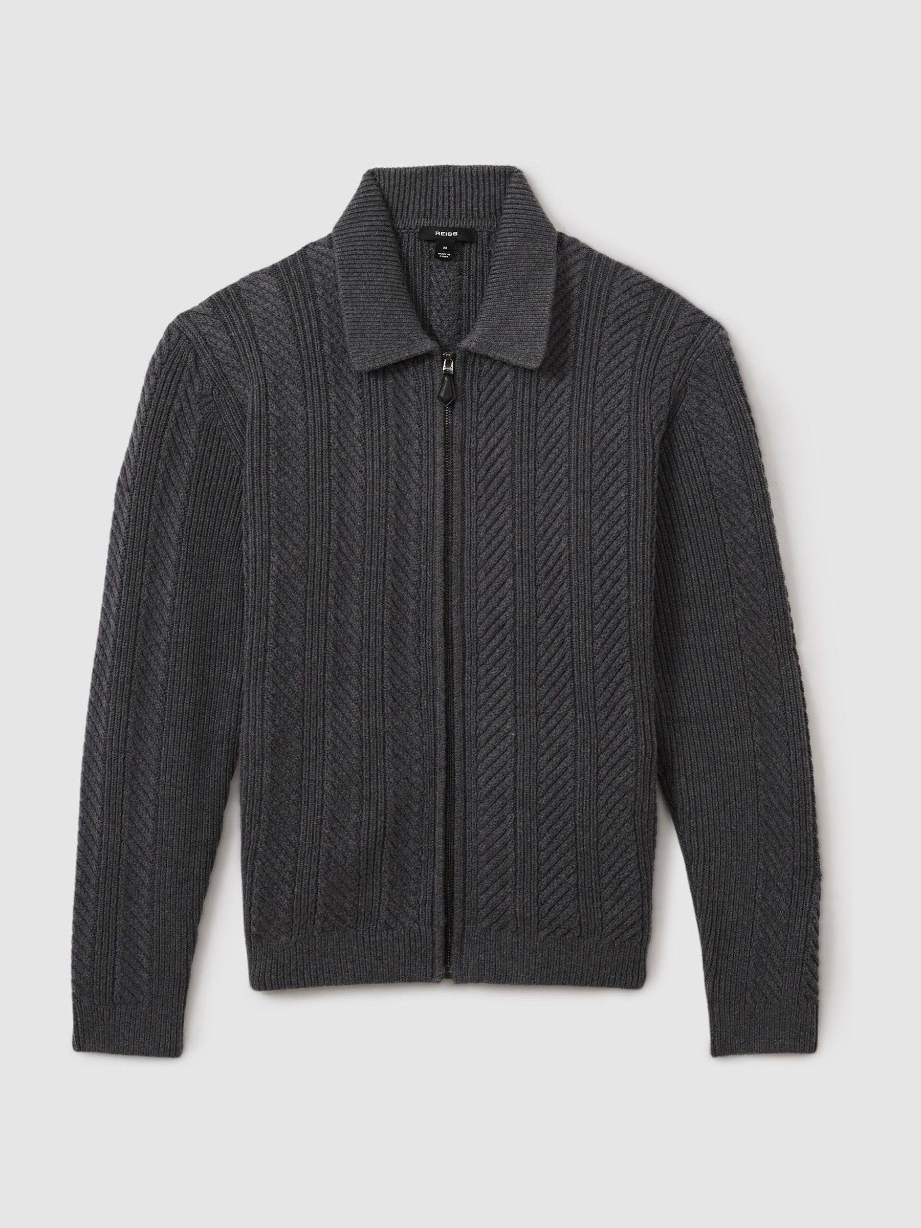 Zip Through Cabled Jumper with Cotton and Wool in Mid Grey Melange Product Image