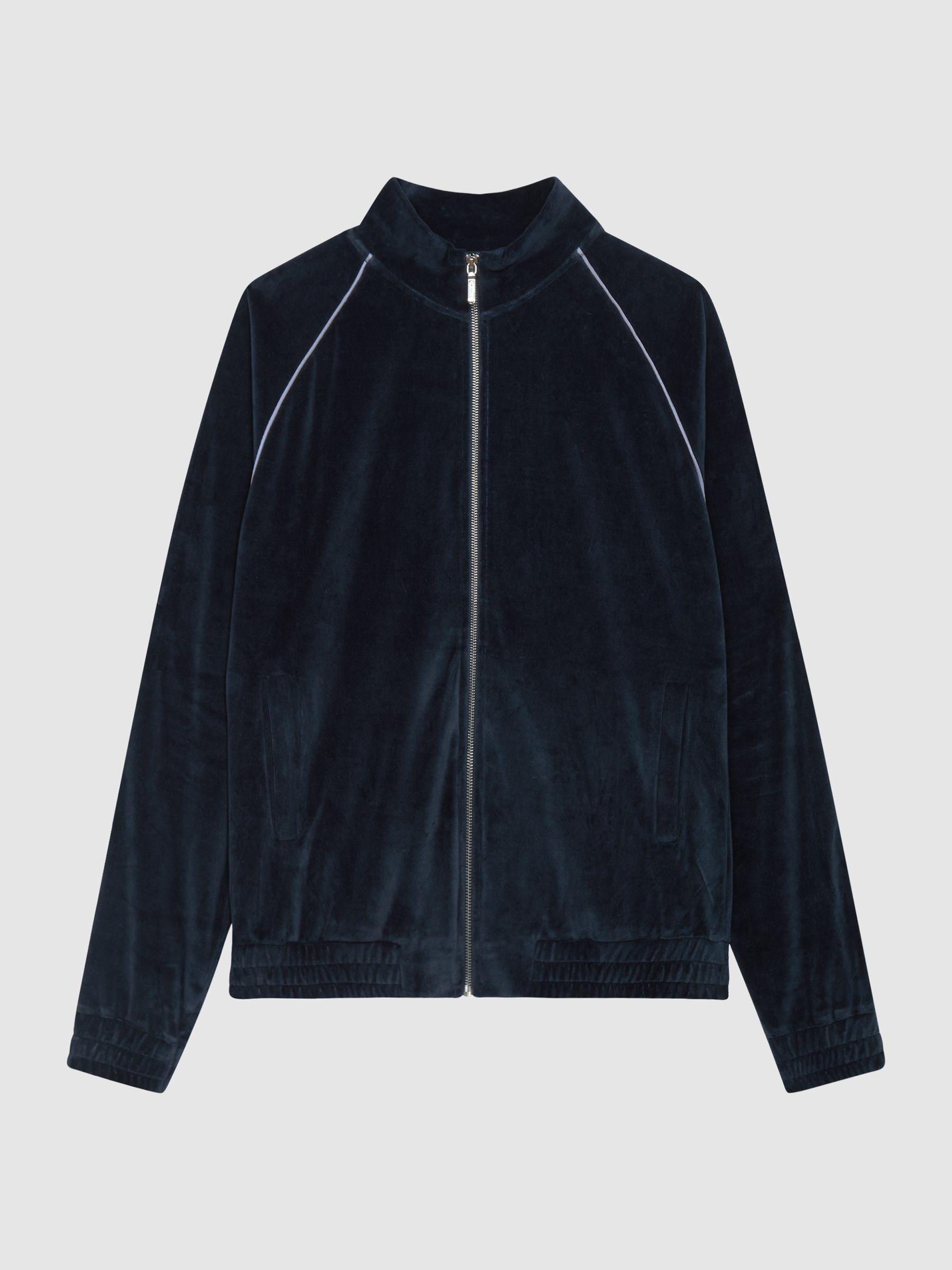 Velour Zip Through Jacket With Piping in Navy Product Image