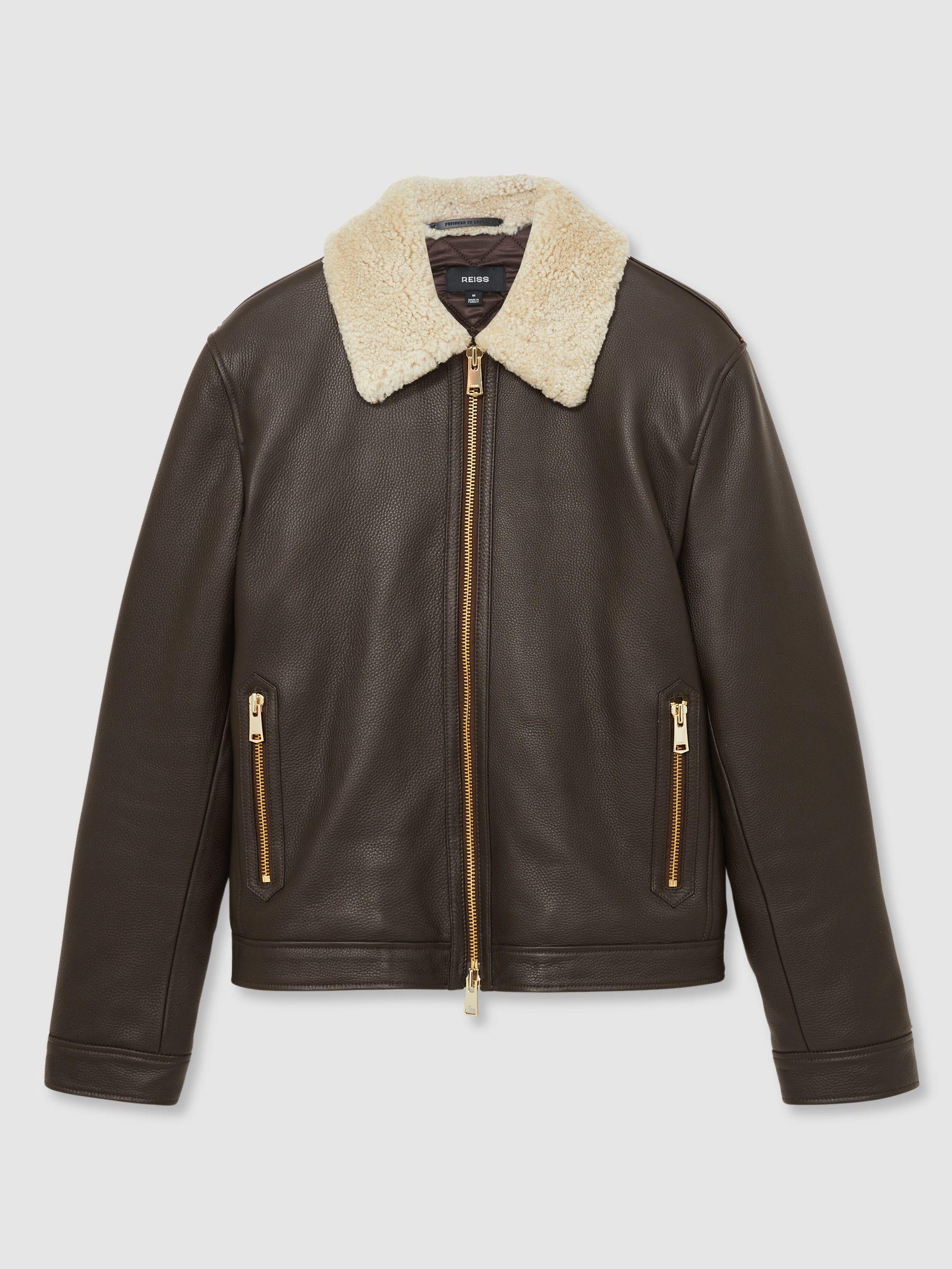 Shearling-Collar Leather Jacket in Dark Brown Product Image