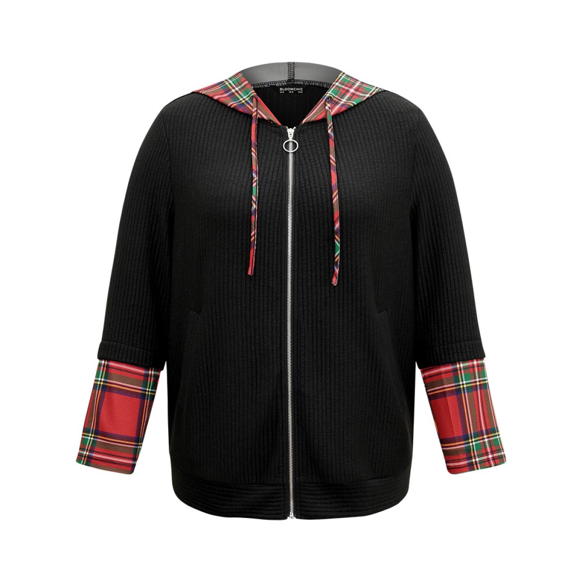 Plus Size Christmas Plaid Patchwork Hooded Zipper Sweatshirt Women Black Casual Contrast Hooded Dailywear Sweatshirts BloomChic 10/M Product Image