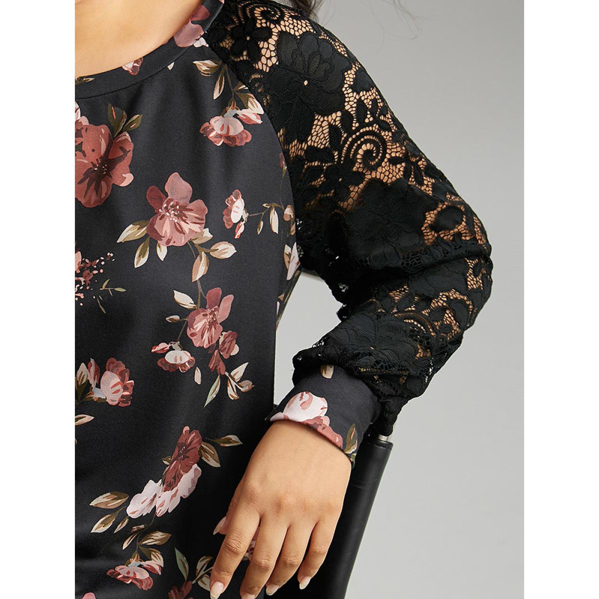 Plus Size Floral Lace Panel Raglan Sleeve Sweatshirt Women Black Elegant Printed Round Neck Dailywear Sweatshirts BloomChic 14-16/1X Product Image