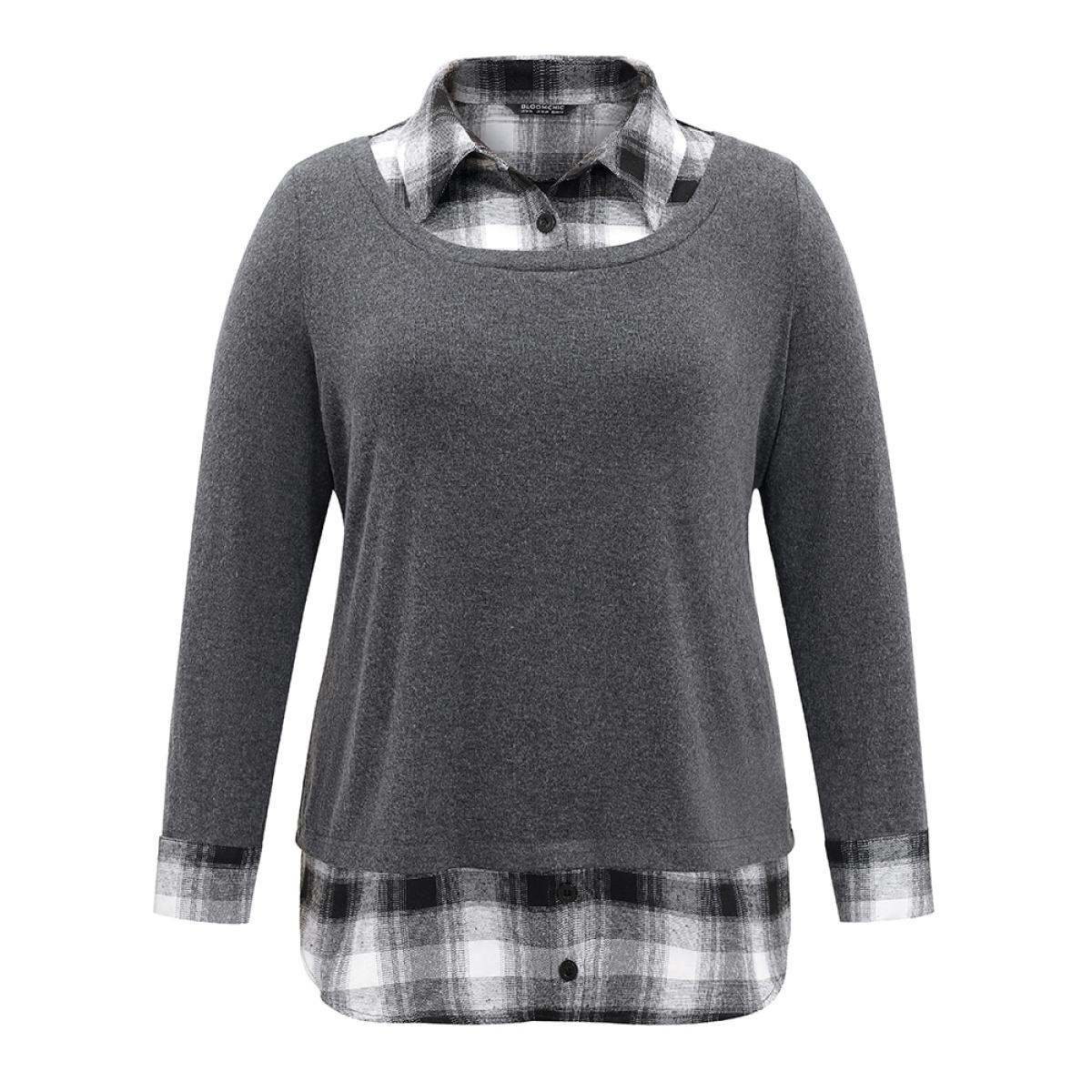 Plus Size 2-In-1 Plaid Patchwork Lapel Collar Sweatshirt Women DimGray Casual Contrast Lapel Collar Dailywear Sweatshirts BloomChic 22-24/3X Product Image