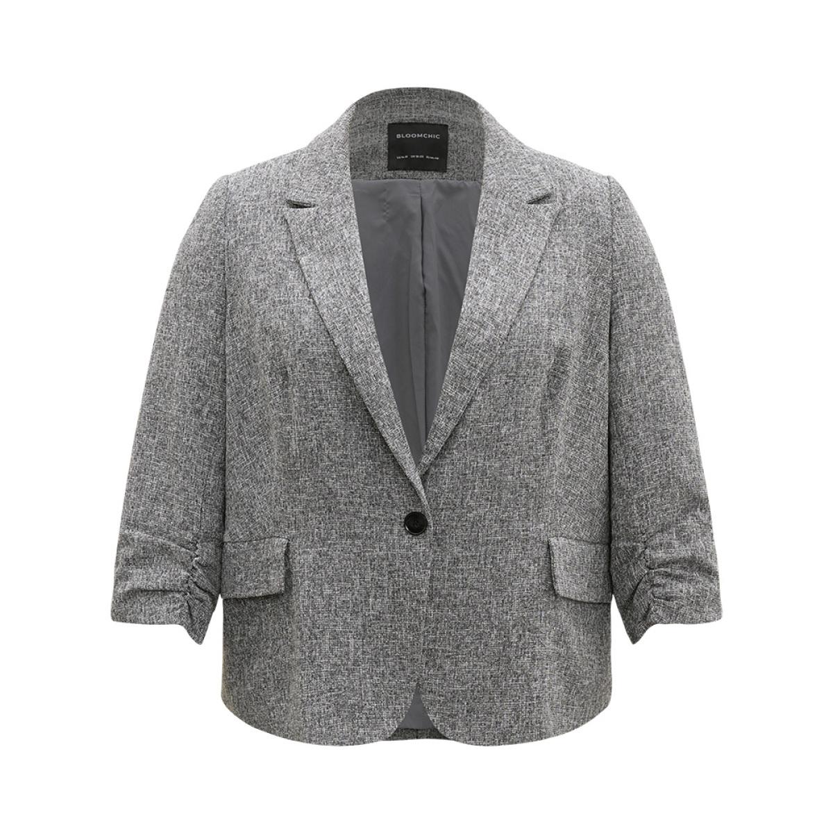 Plus Size Coarse Tweed Ruched Cuffs Flap Pocket Blazer DimGray Women Office Plain Texture Sleeve Long Sleeve Suit Collar 18-20/2X At the Office Blazers BloomChic Product Image