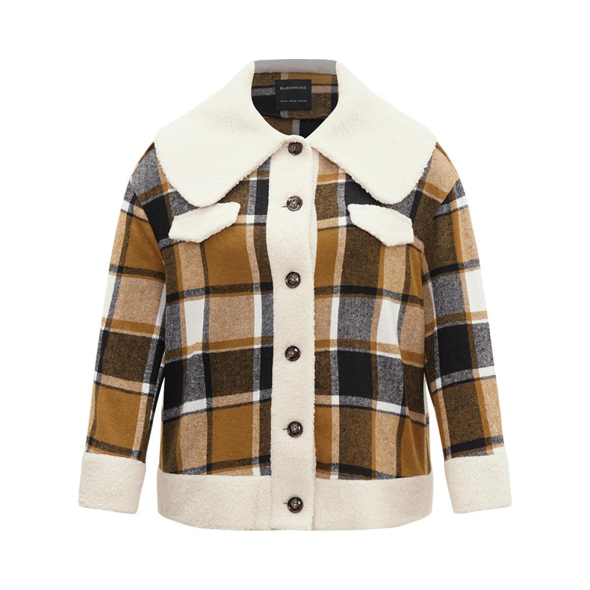 Plus Size Plaid Contrast Patchwork Button Through Jacket Women Chocolate Contrast Dailywear Jackets BloomChic 26/4X Product Image