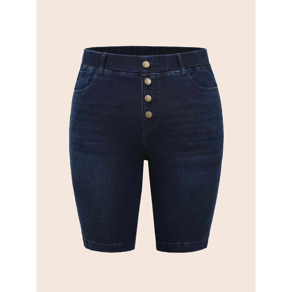 Plus Size High Stretch Elastic Waist Split Side Jeans Women Denimindigo Button High stretch Everyday Slanted pocket Casual Denim Shorts BloomChic 20/2X Product Image