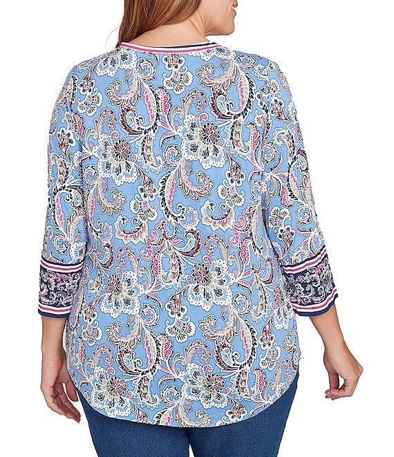Ruby Rd. Plus Size Jersey Knit Paisley Stripe Ribbon V-Neck 3/4 Sleeve Top Product Image