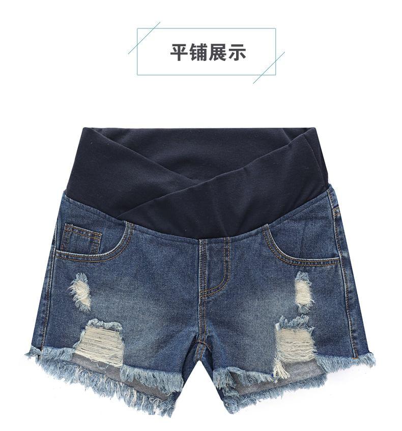 Maternity Low Rise Washed Frayed Distressed Denim Shorts Product Image