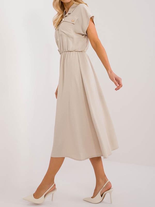 A-Line High Waisted Buttoned Pleated Solid Color Lapel Midi Dresses Product Image