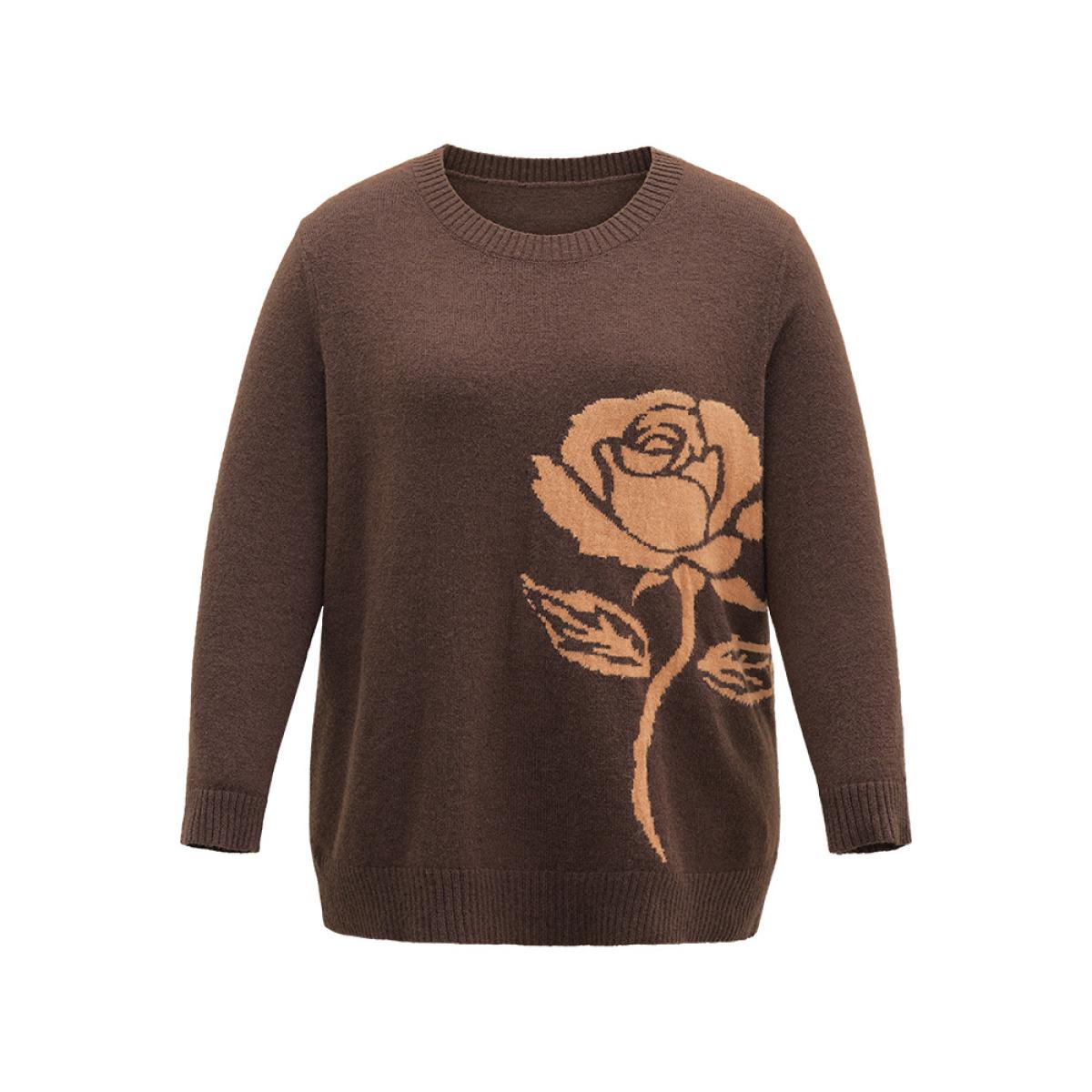 Plus Size Anti-Pilling Floral Graphic Crew Neck Pullover DarkBrown Women Casual Loose Long Sleeve Round Neck Dailywear Pullovers BloomChic 18-20/2X Product Image