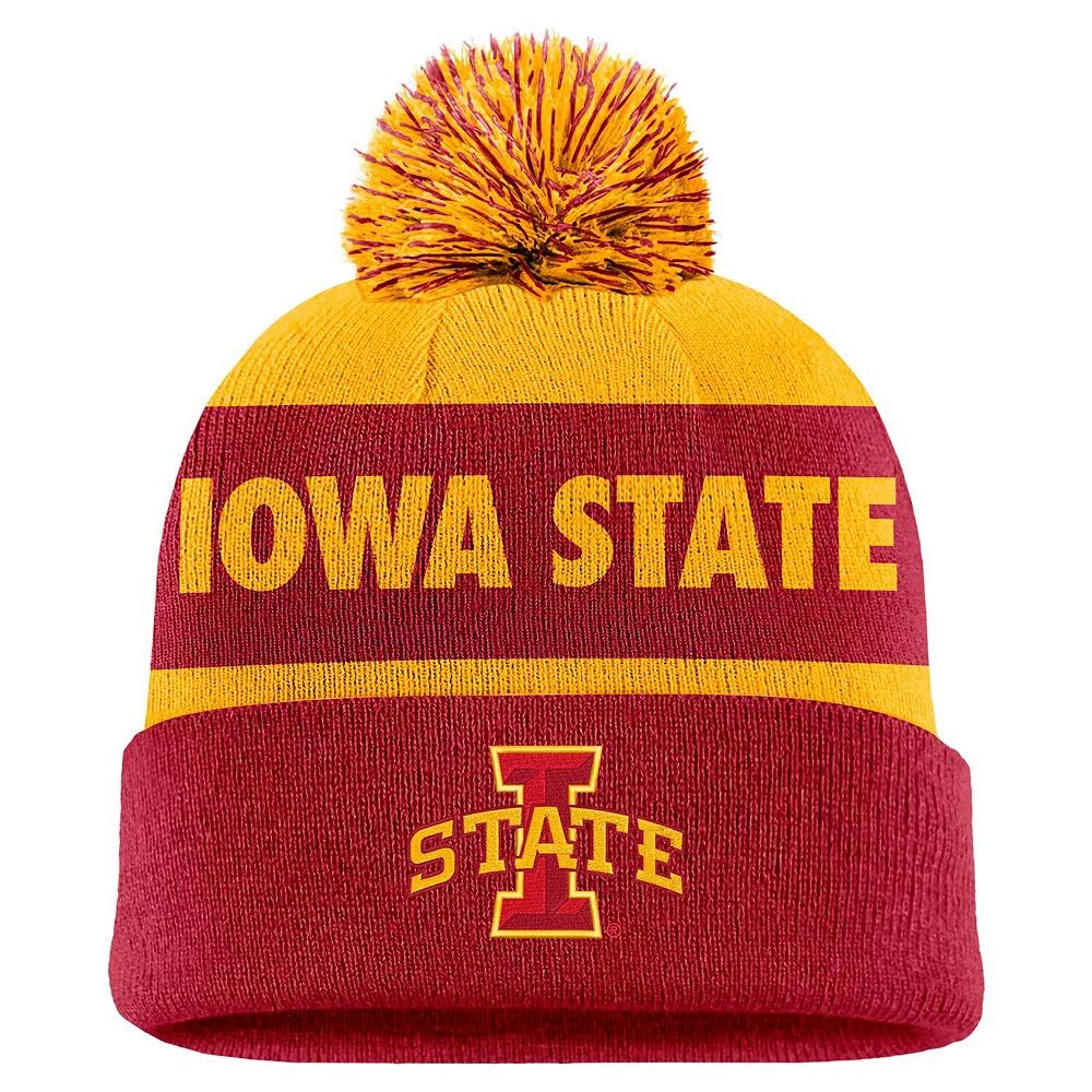 Men's Nike Gold/Crimson Iowa State Cyclones Peak Stripe Cuffed Knit Hat with Pom Product Image